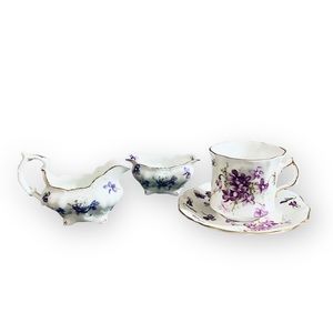 Hammersley “Victorian Violets” Demitasse Cup & Saucer, Milk & Sugar 4 Piece Set.